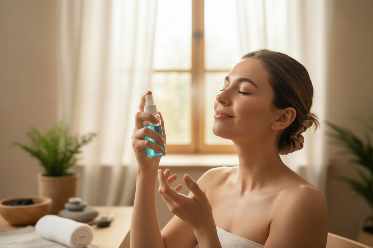 women using spray toner