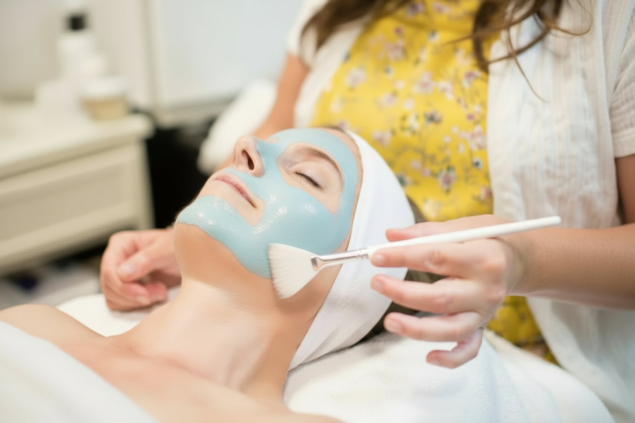 Anti-aging facial service at Leslie Morand Skincare featuring microcurrent, LED therapy, and oxygen infusion treatment using detox and repair face mask 