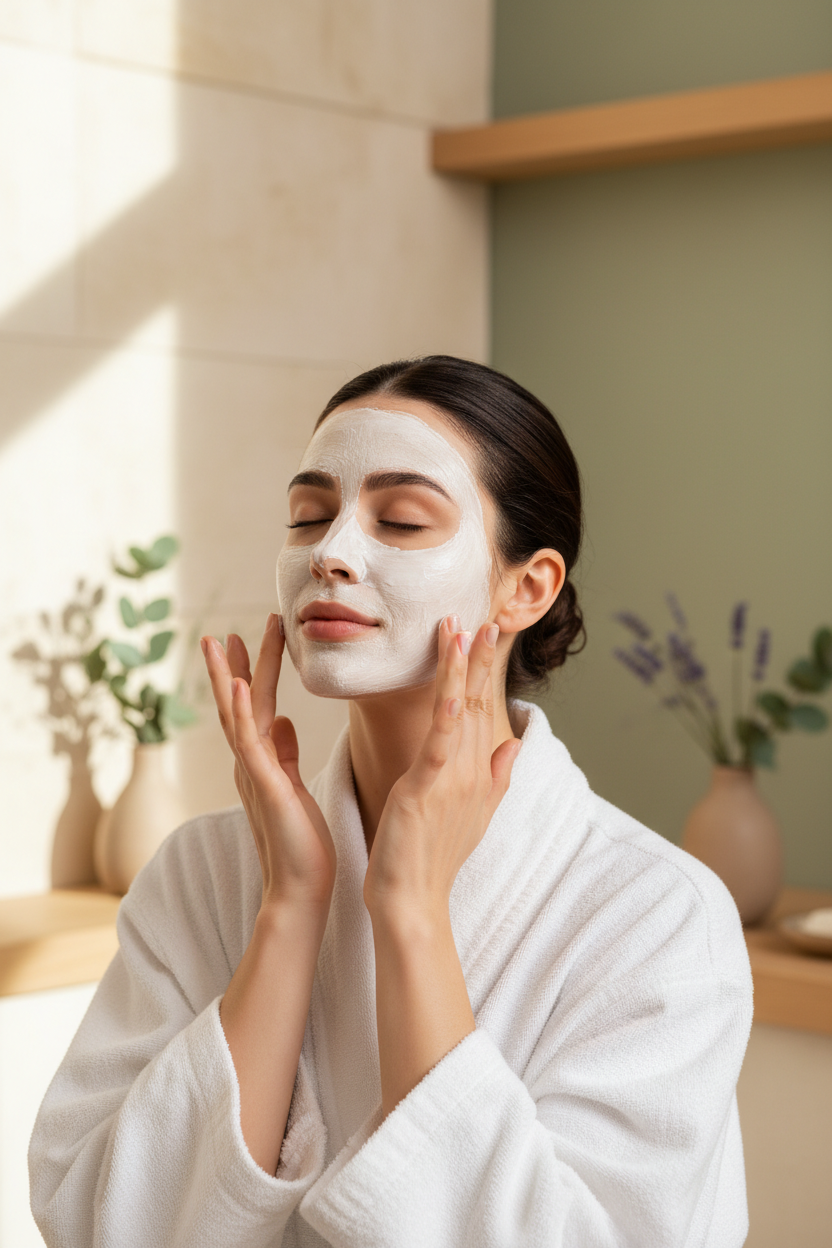 luxury lady applying white face mask 