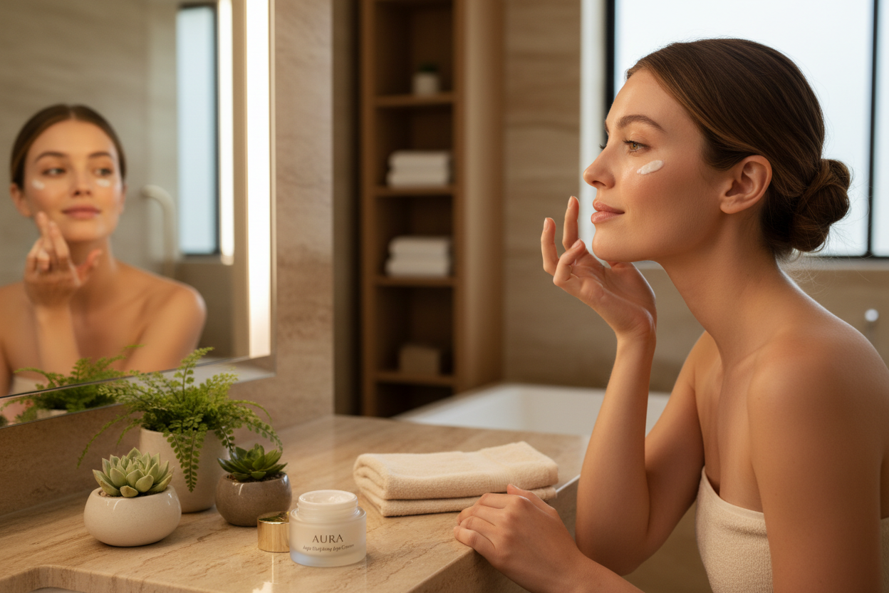 luxury women putting on eye cream 