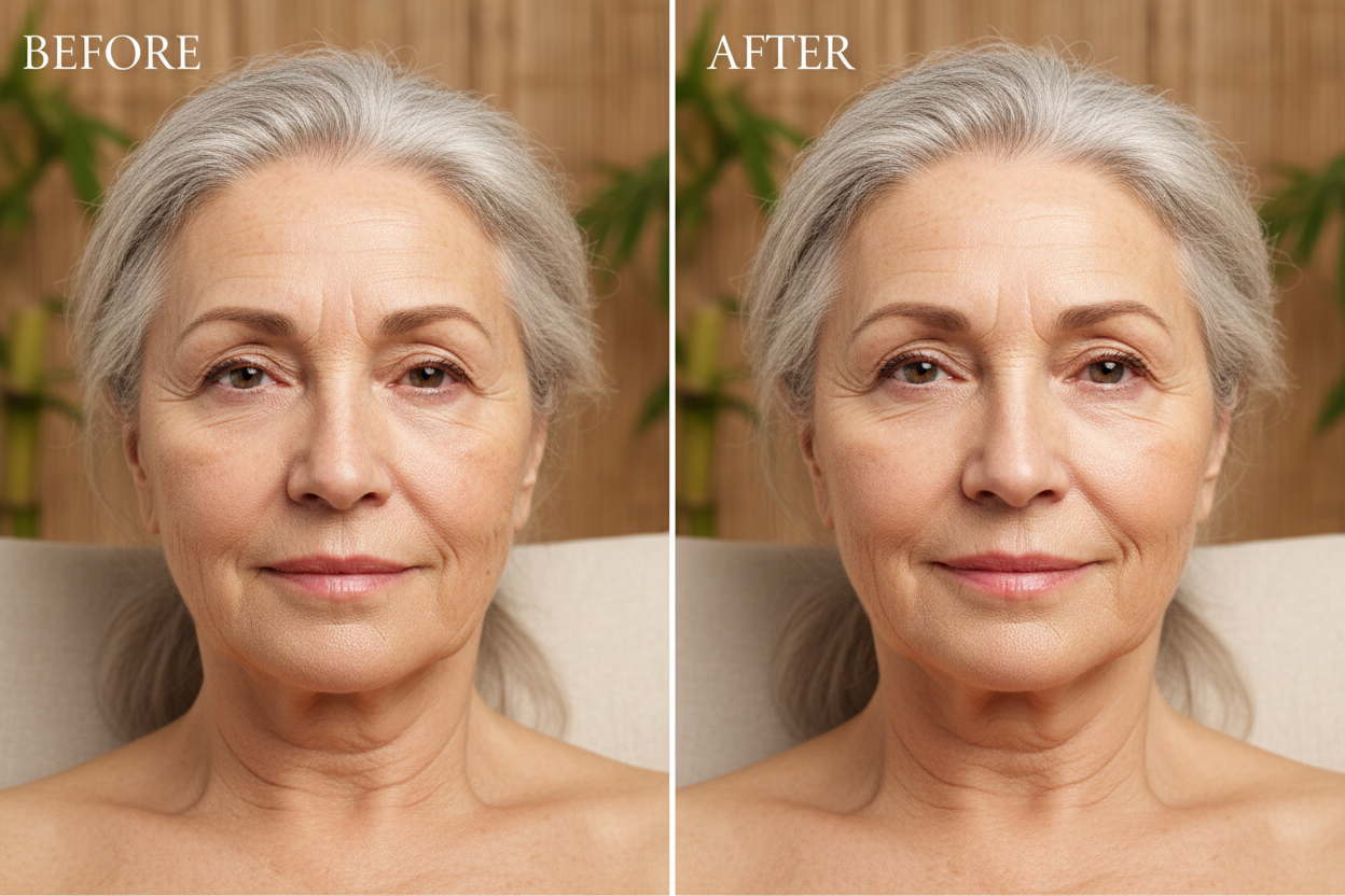 Before and after using anti aging serum Leslie Morand Skincare