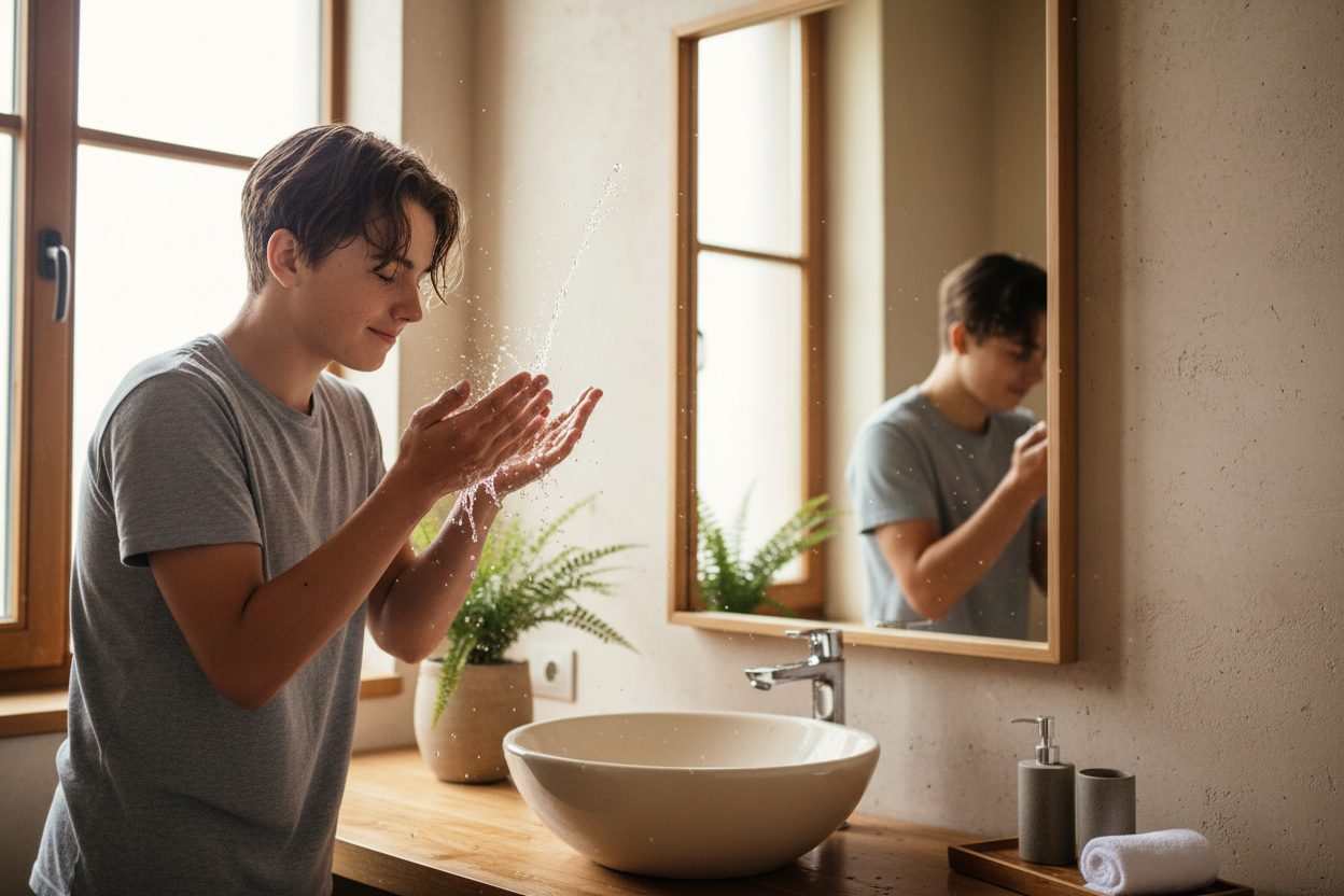 teen boy washing face 